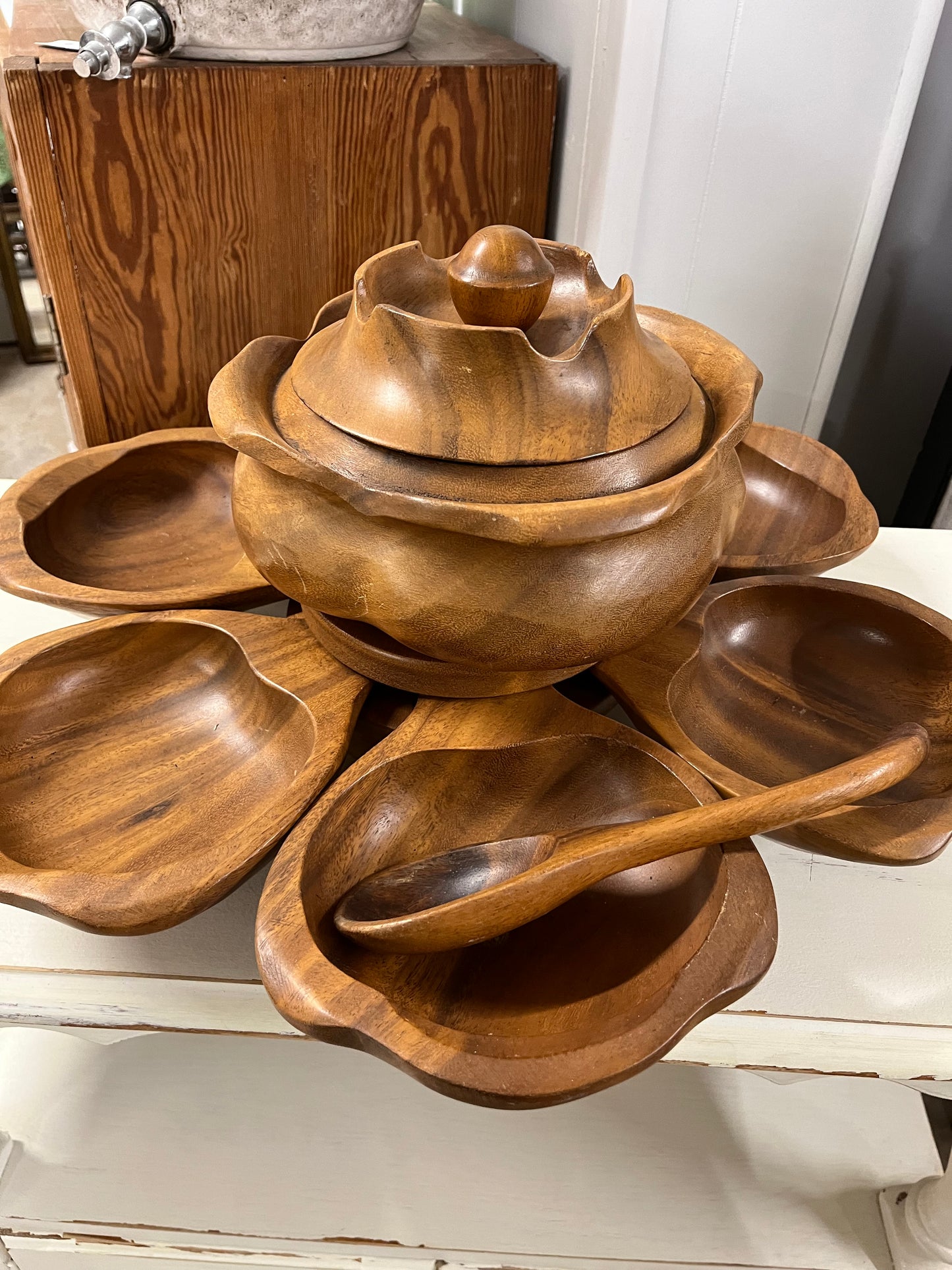 Monkey Pod Bowl & Taurine Lotus Set with stand, lid and serving spoon - hand crafted in the Philippines