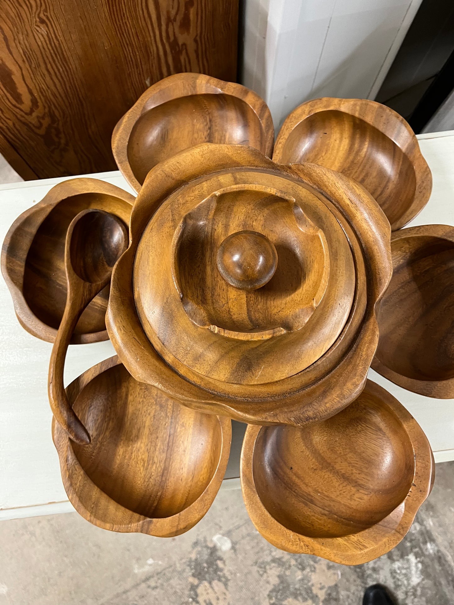 Monkey Pod Bowl & Taurine Lotus Set with stand, lid and serving spoon - hand crafted in the Philippines