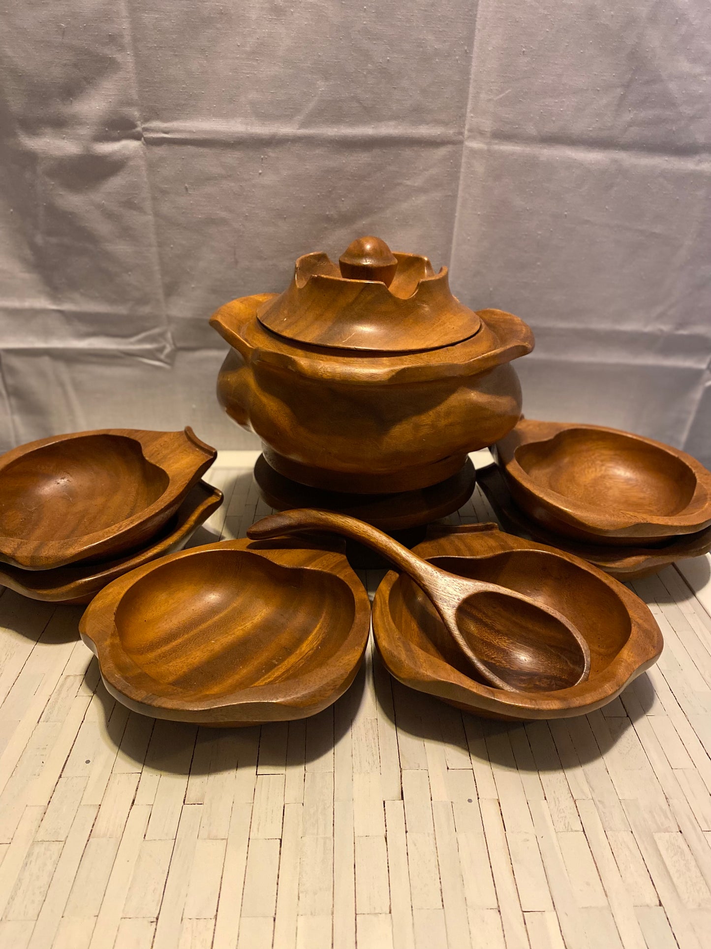 Monkey Pod Bowl & Taurine Lotus Set with stand, lid and serving spoon - hand crafted in the Philippines